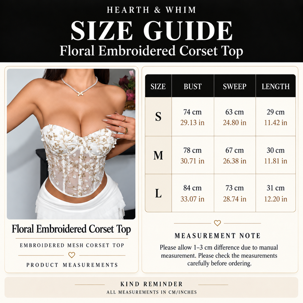 Size chart for Floral Embroidered Corset Top - Sheer Mesh Bustier