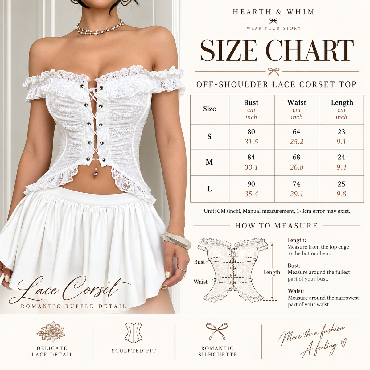 Front lace-up ruffle corset top size chart with bust waist and length measurements