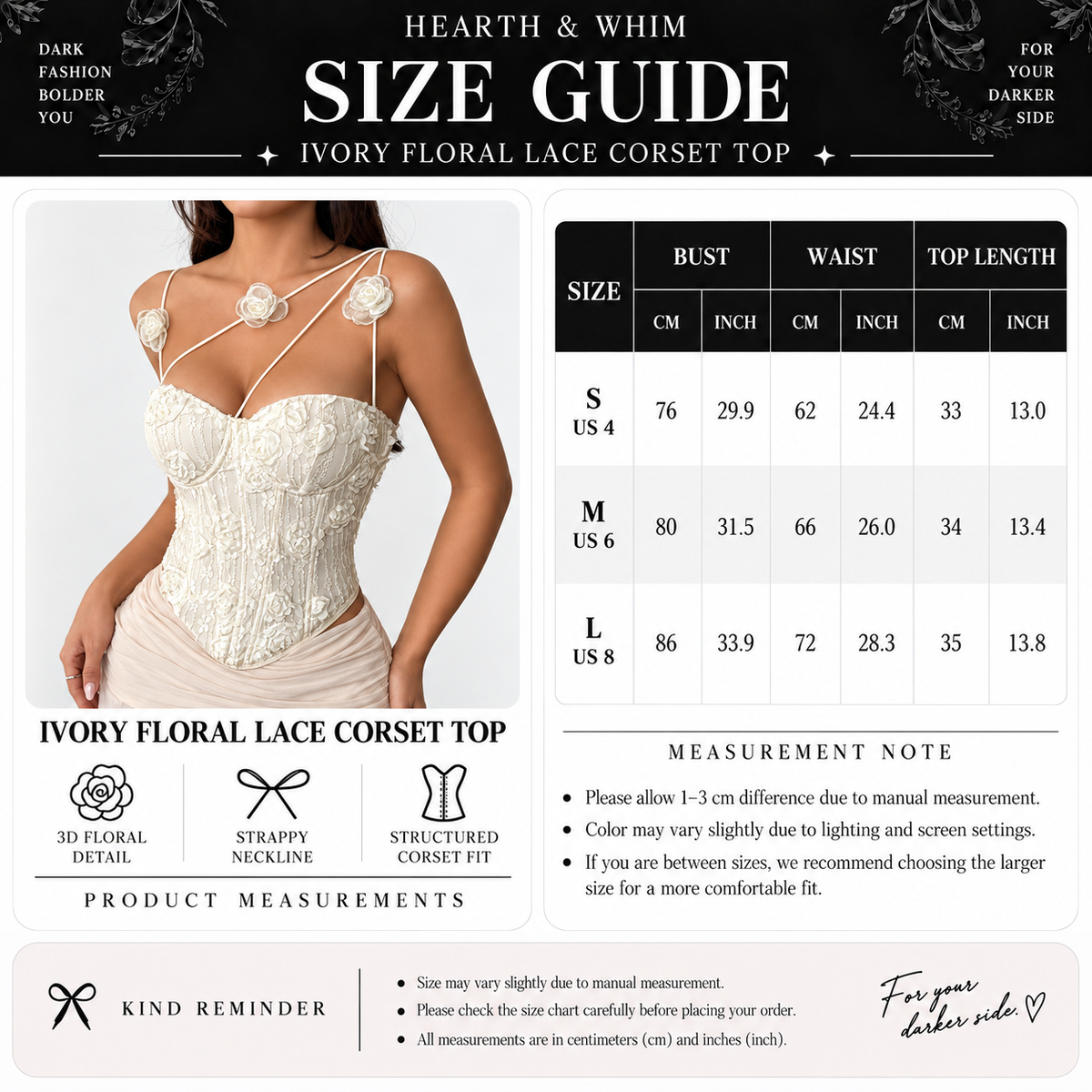 Size chart for Beige 3D Rose Corset Top – Floral Lace Strappy Bustier