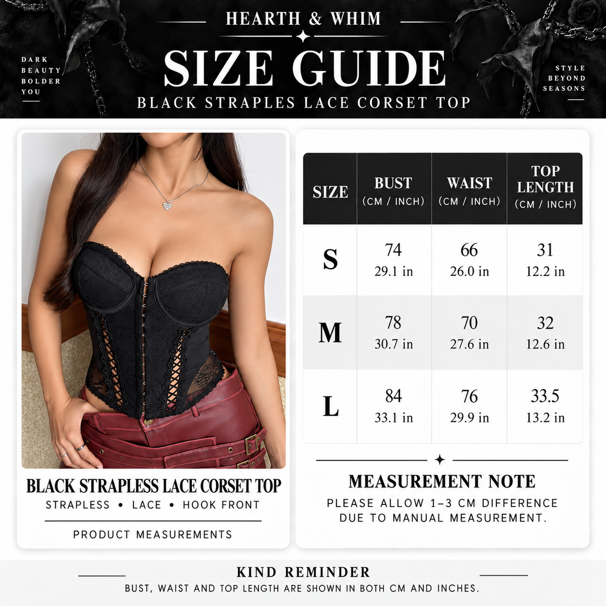 HEARTH & WHIM size guide for black strapless lace corset top in sizes S, M and L