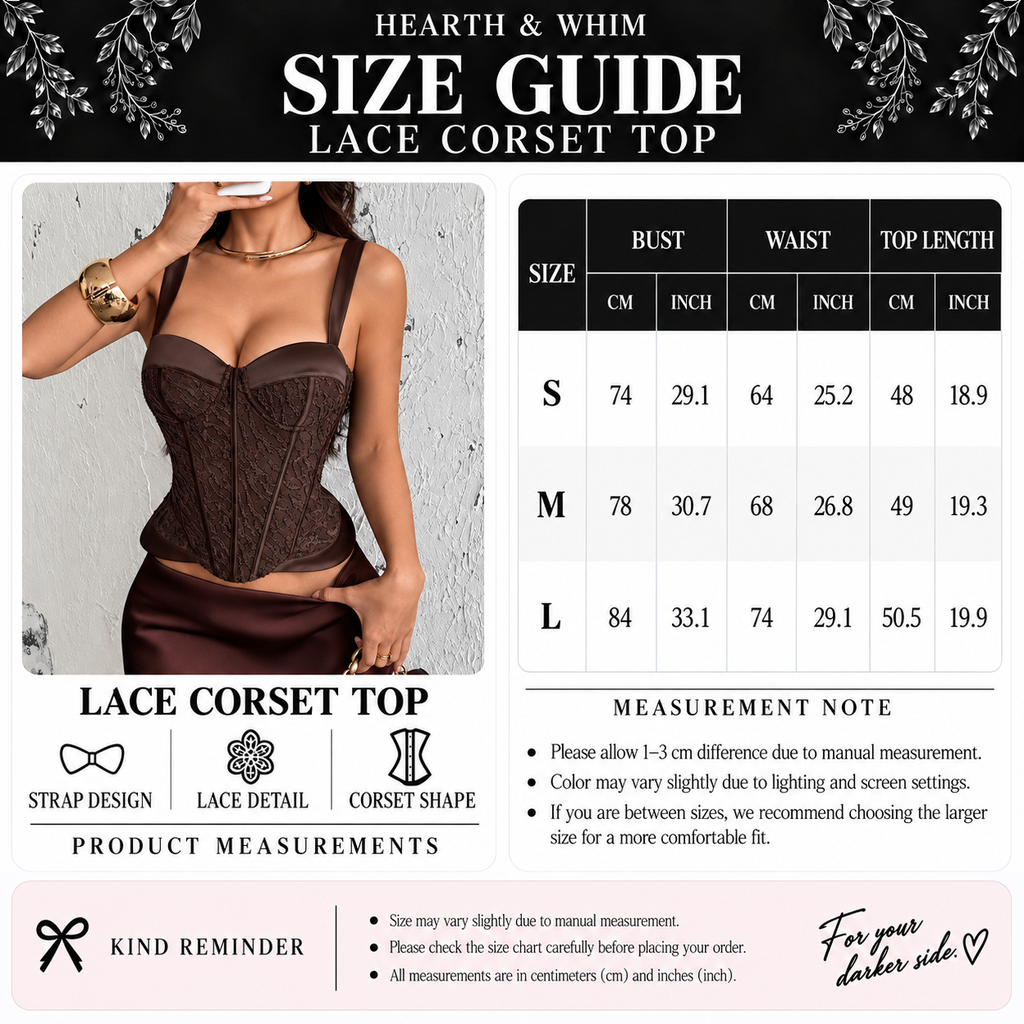 Sweetheart lace corset top size guide for S, M and L with bust, waist and top length measurements in cm and inches