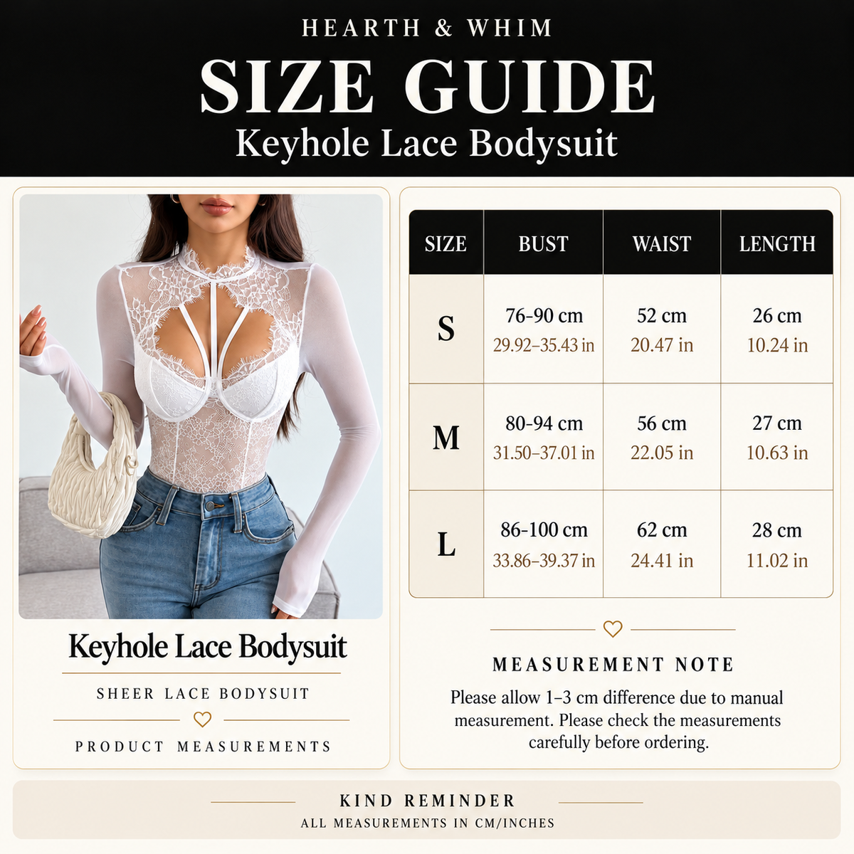 Size chart for Sheer Lace Bodysuit with Keyhole Cutout