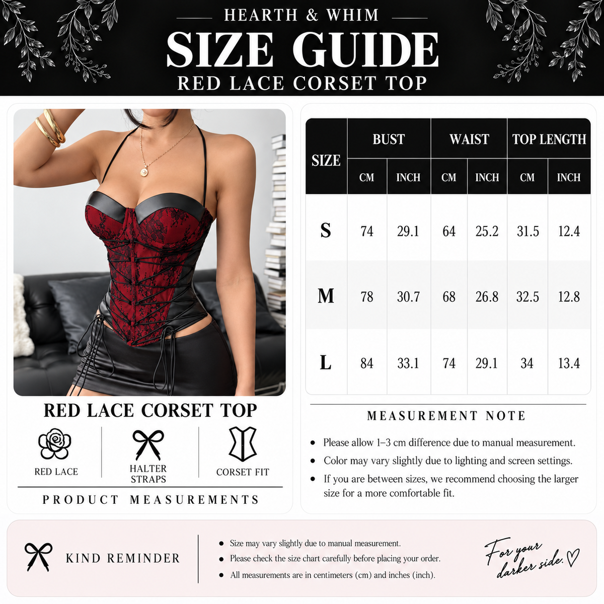Lace halter corset top size guide with S, M and L bust, waist and top length measurements in centimeters and inches