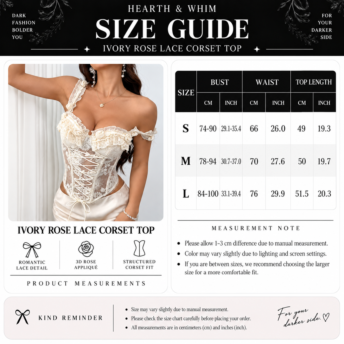 Ivory rose lace corset top size guide with S, M and L bust, waist and top length measurements