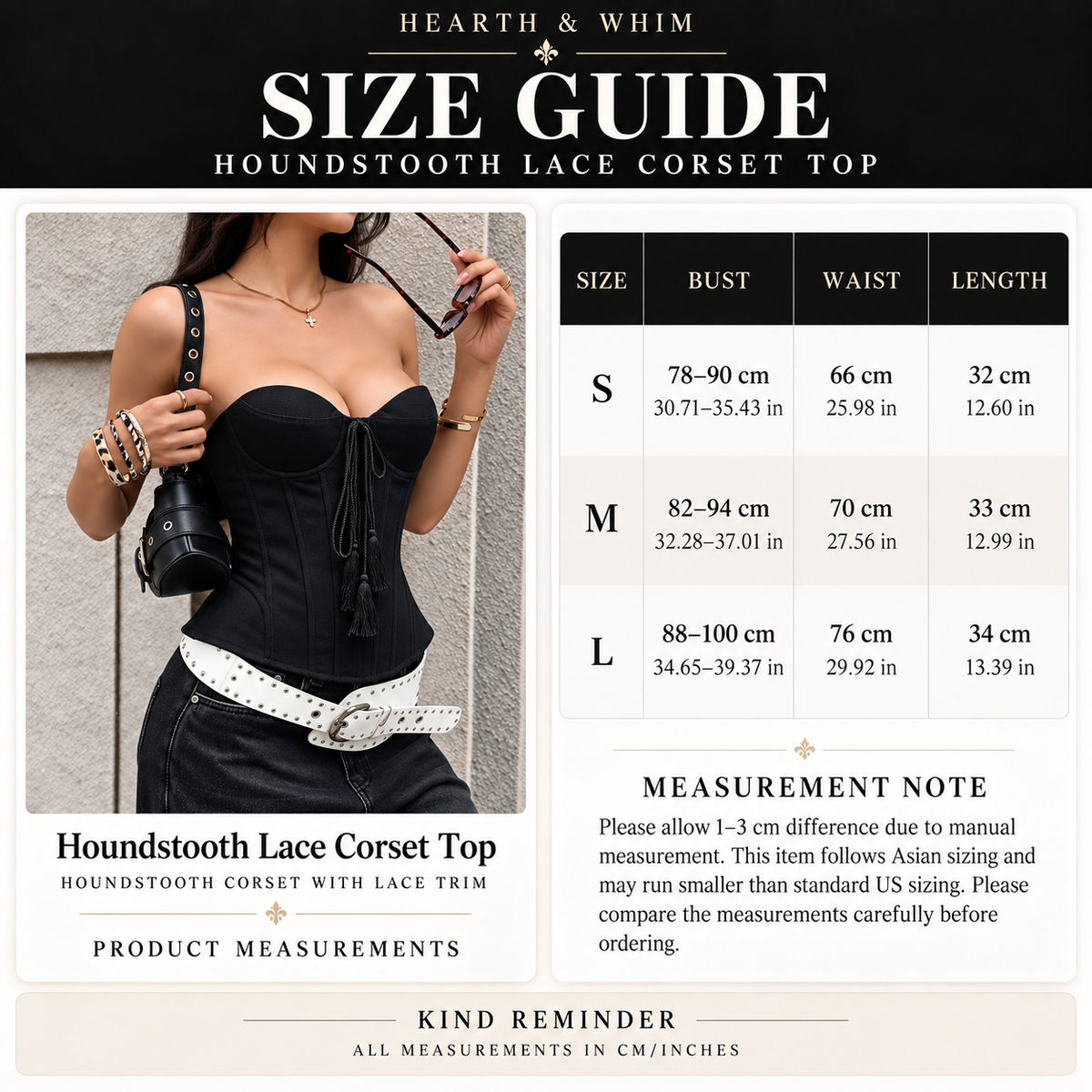 Size chart for Strapless Corset Top with Tassel Tie - Lace-Up Back Bustier