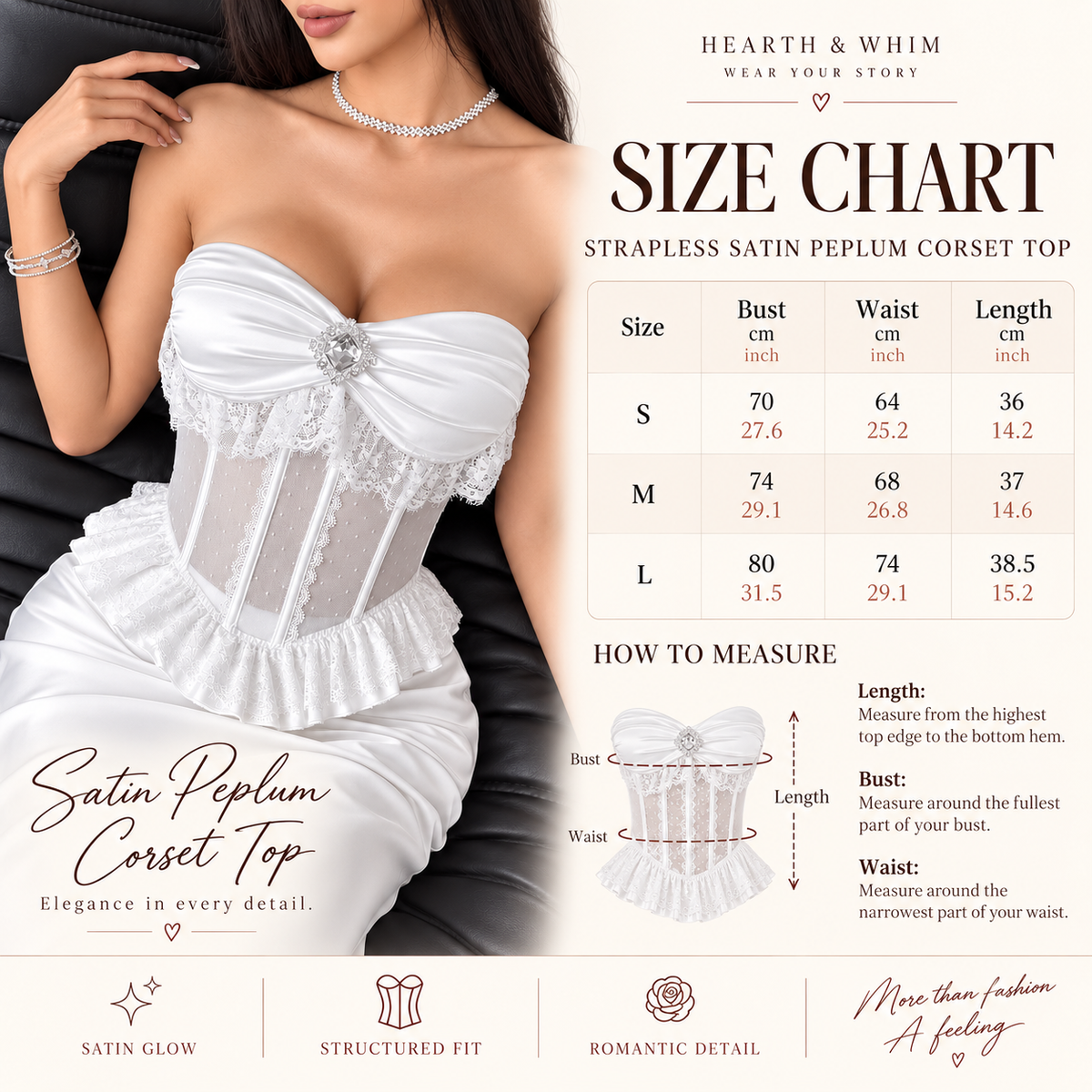 Size Chart: Crystal-Accent Satin Peplum Corset Top