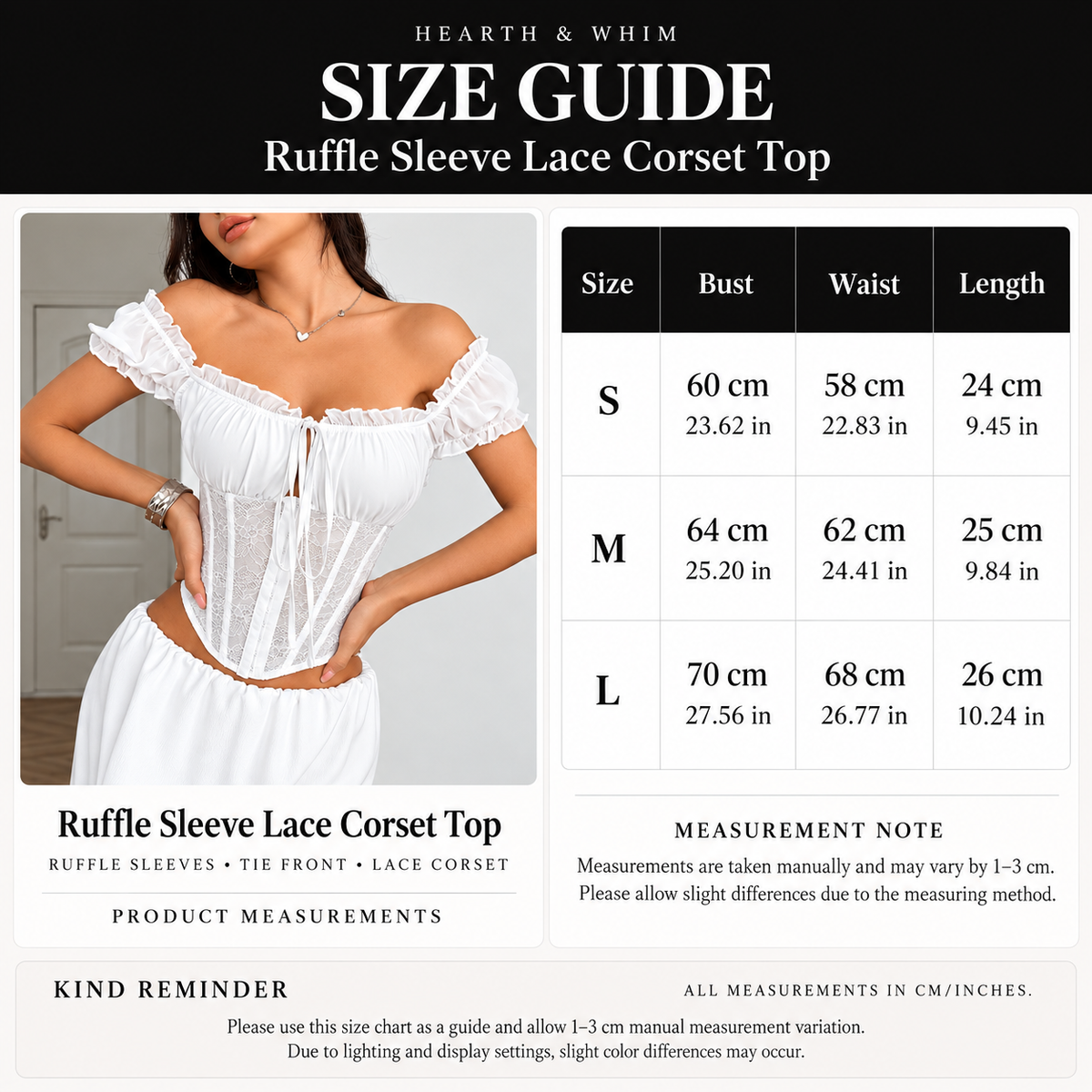 Size chart for Ruffle Sleeve Lace Corset Top - Tie-Front Bustier
