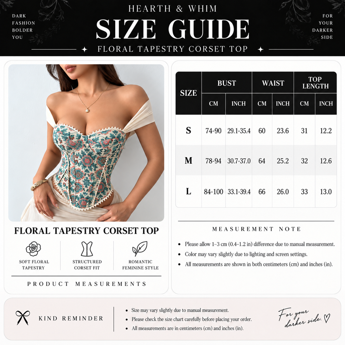 Size chart for Floral Tapestry Corset Top – Lace-Up Bustier