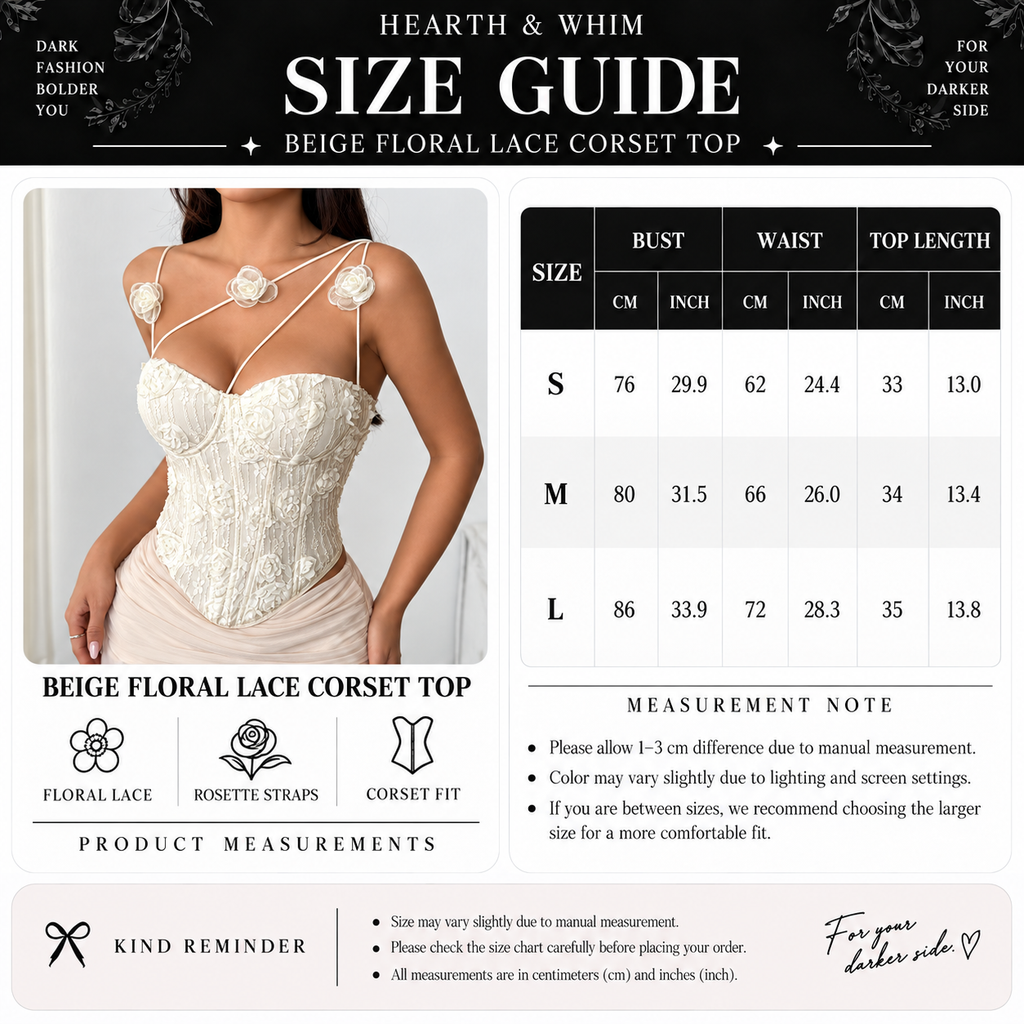 Beige 3D rose corset top size guide for S, M and L