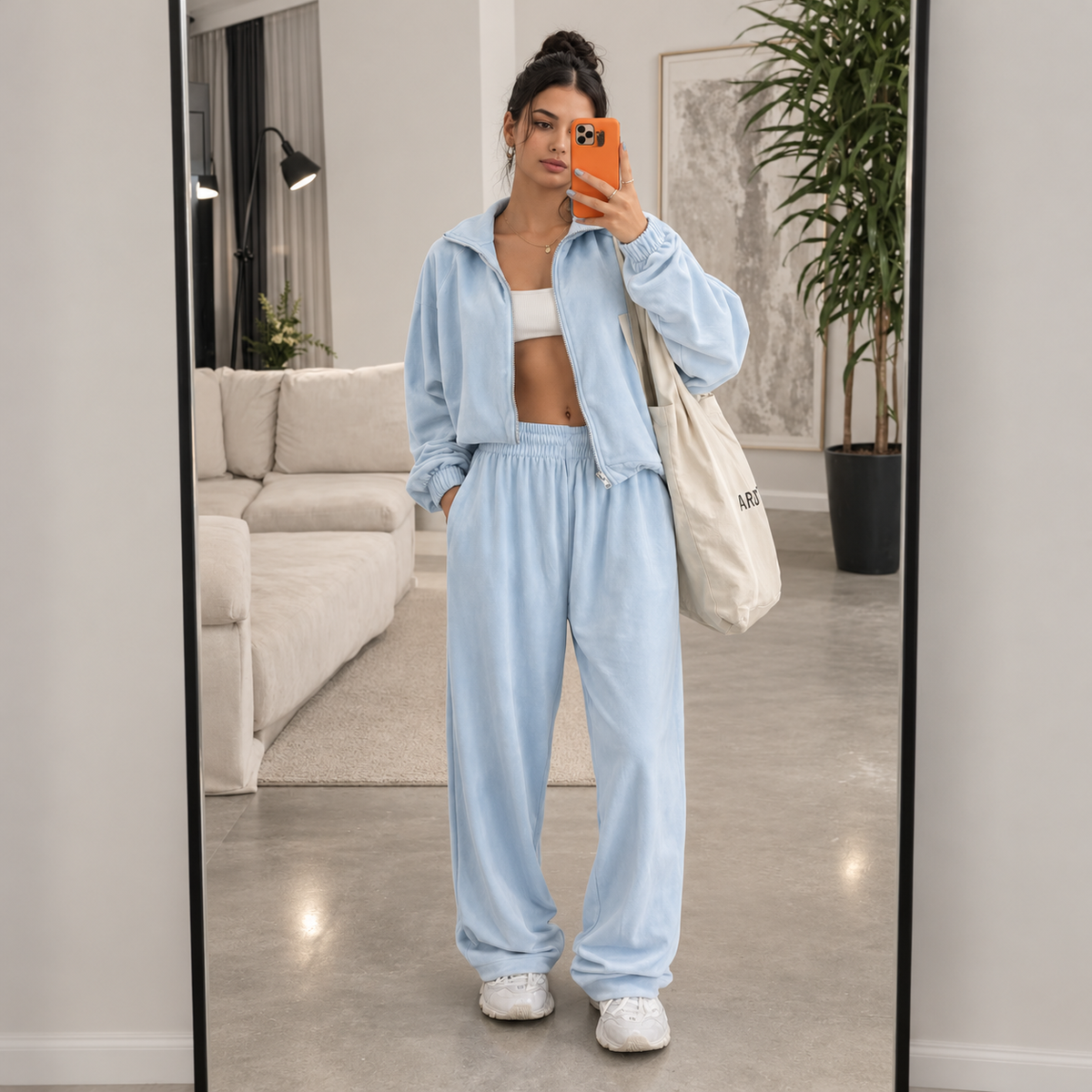 Light blue velour two-piece lounge set with relaxed zip jacket, drawstring pants and tote bag