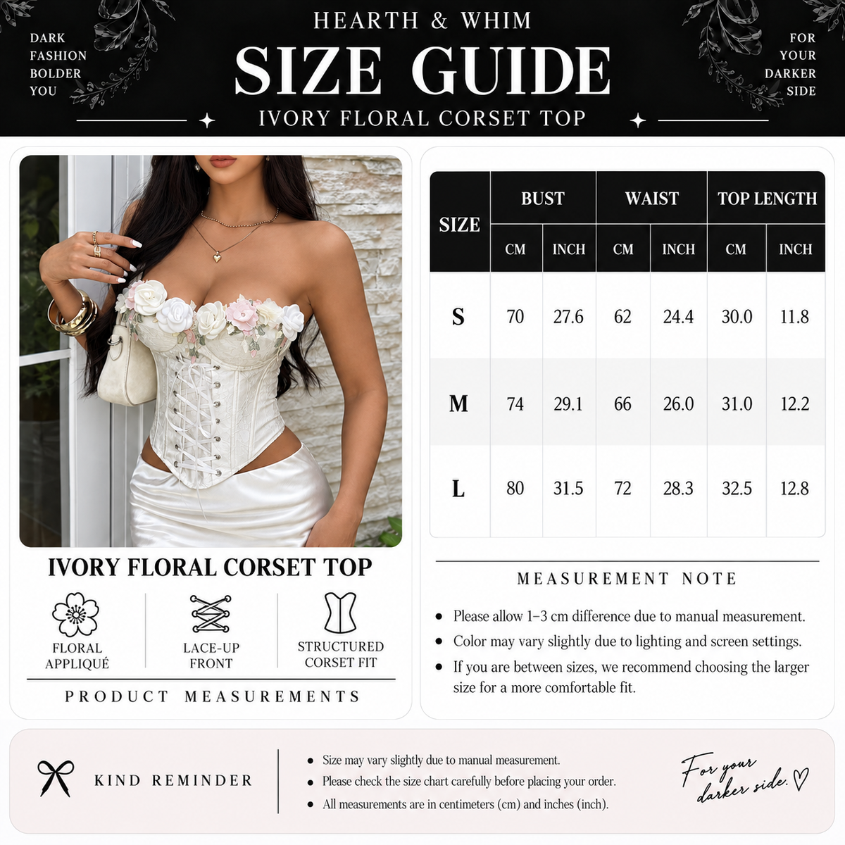 Size chart for White 3D Rose Corset Top – Floral Lace-Up Bustier