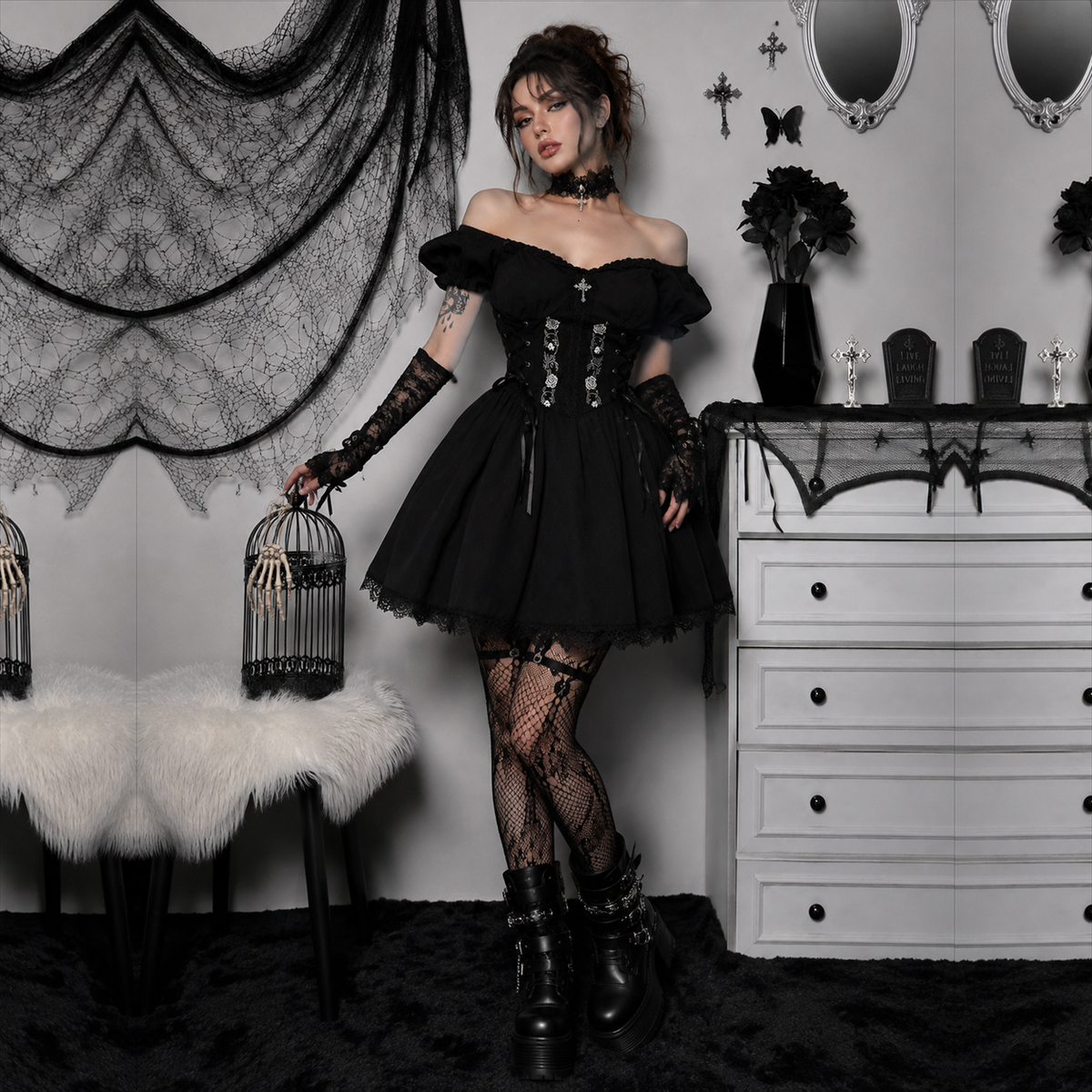 Woman wearing black lace gothic corset mini dress – alternate view 3