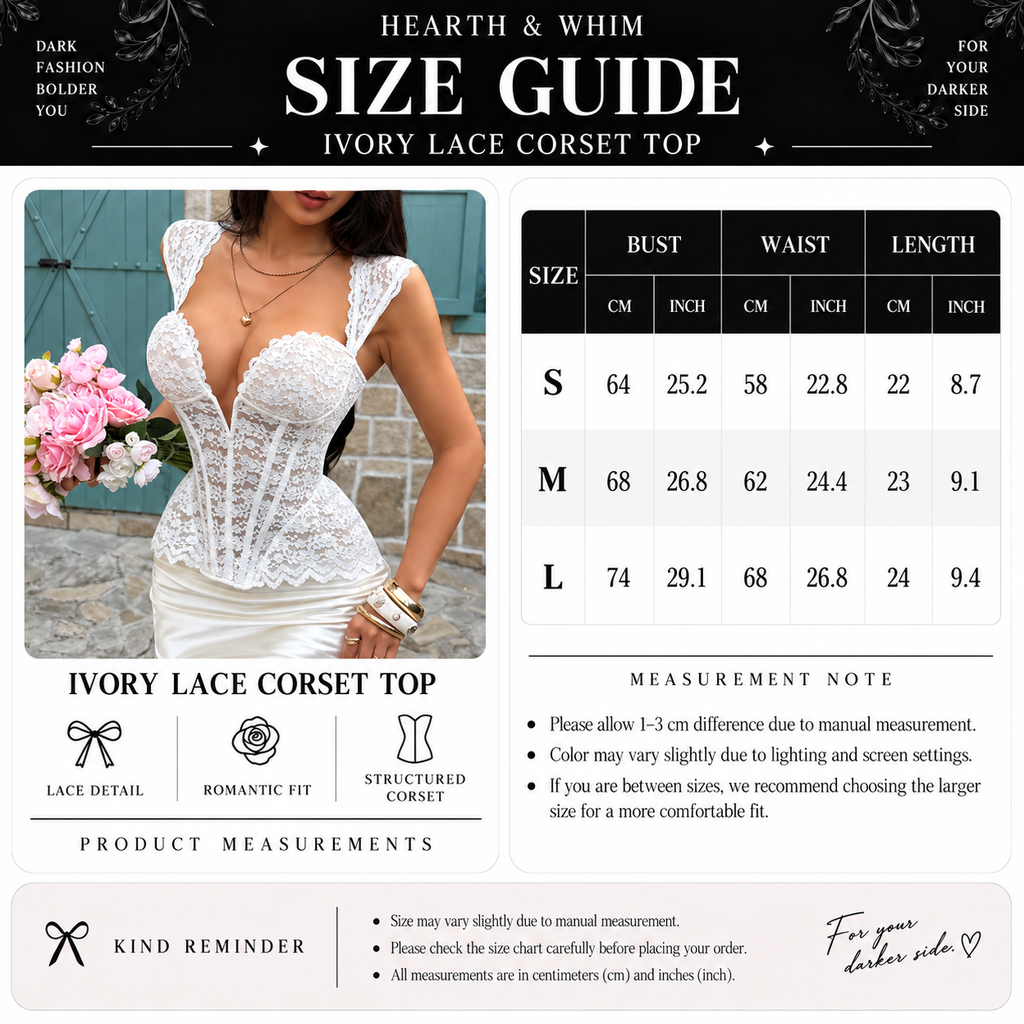 White lace corset top size guide with S, M and L bust, waist and length measurements in centimeters and inches