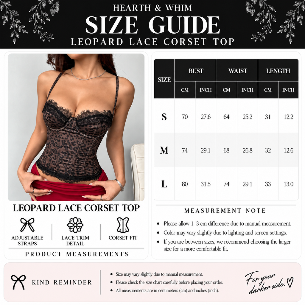 Leopard lace corset top size guide with S, M and L bust, waist and length measurements in centimeters and inches