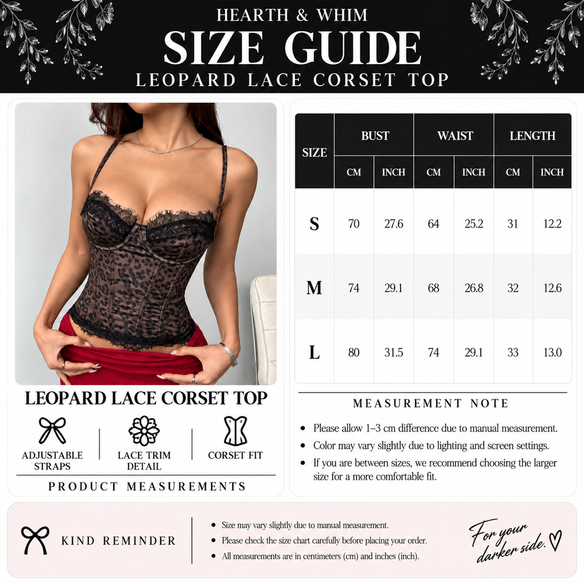 Leopard lace corset top size guide with S, M and L bust, waist and length measurements in centimeters and inches