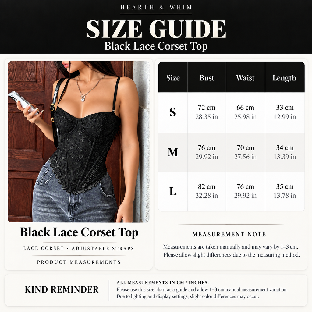 Floral lace corset top size guide showing S to L bust, waist and length measurements in cm and inches