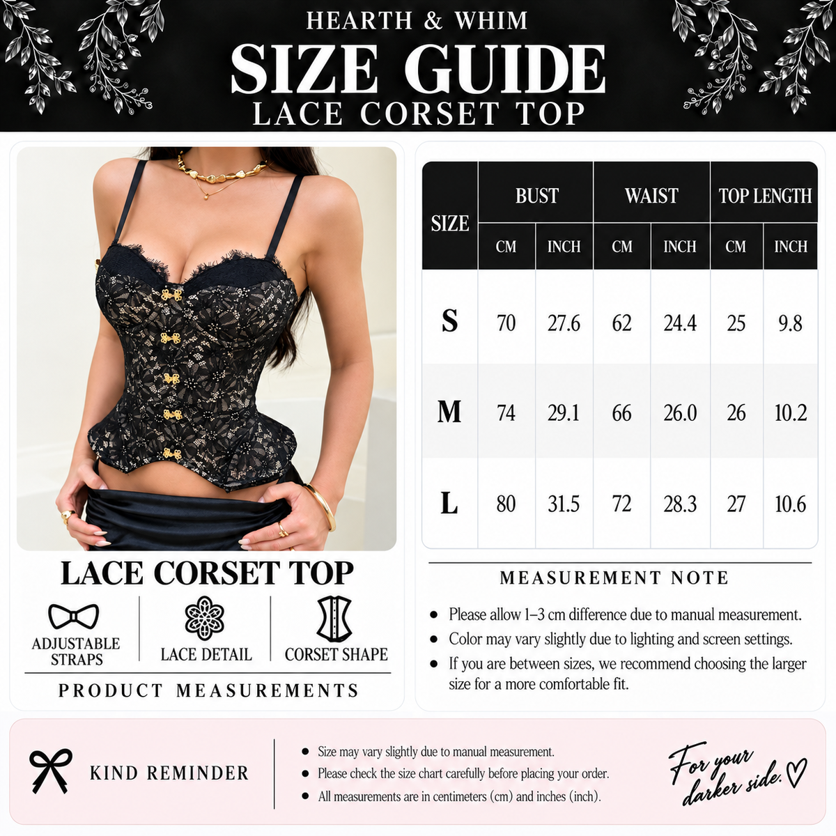 Size chart for Hook Front Lace Corset Top - Sculpted Peplum Bustier