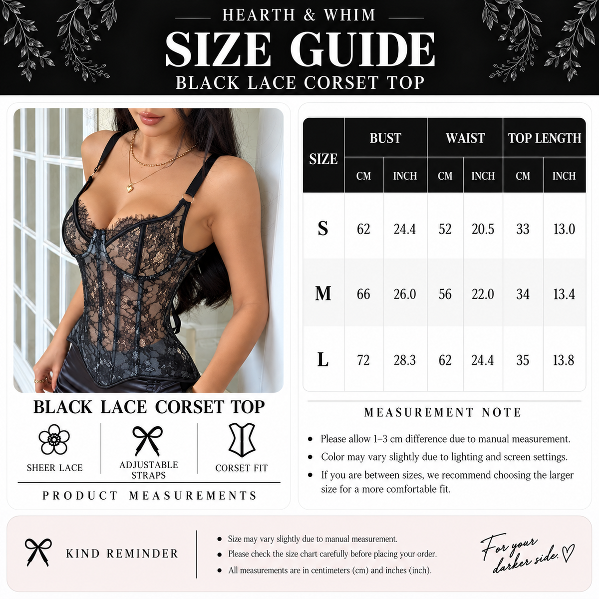 Size chart for Sheer Lace Corset Top - Longline Lace-Up Bustier