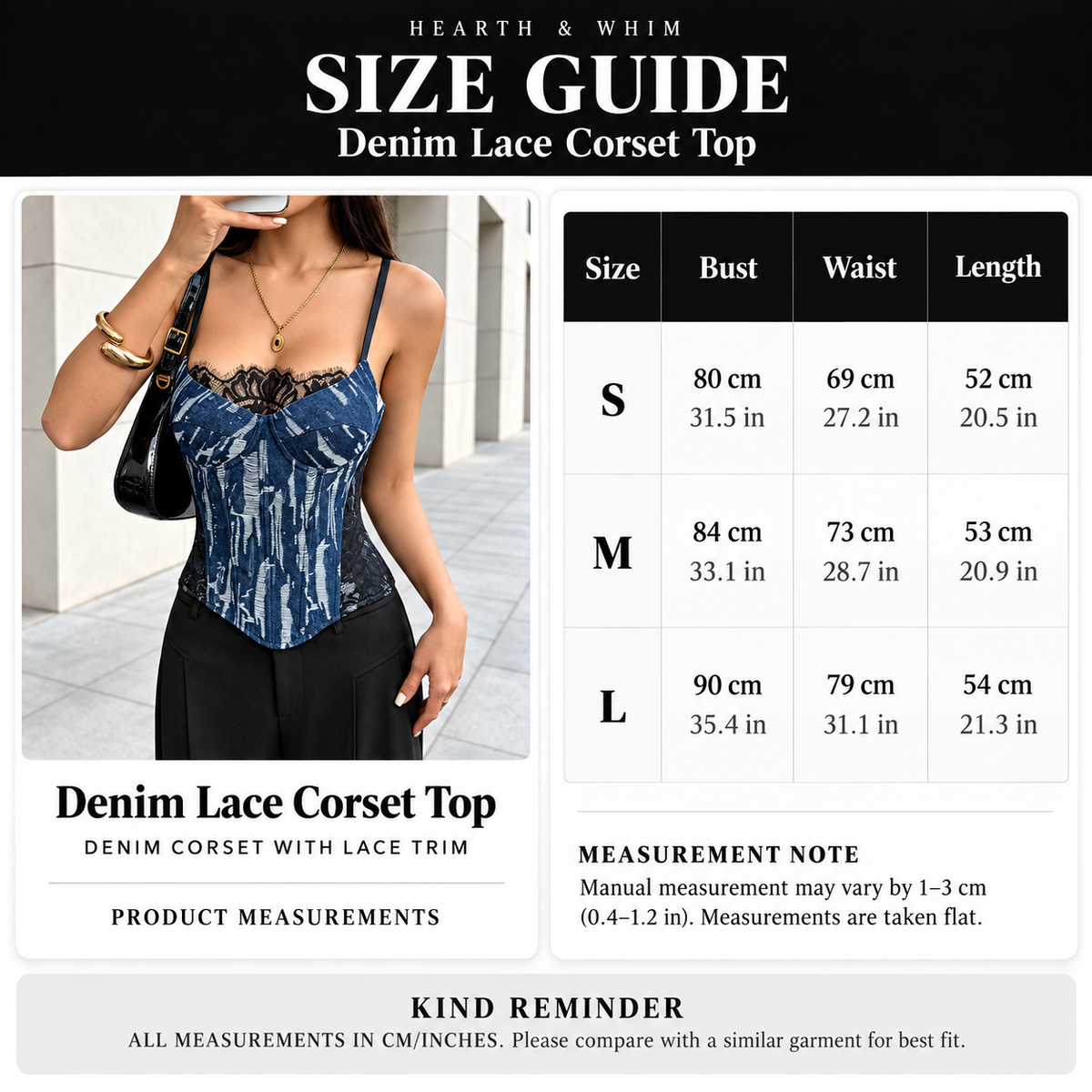 Size Chart: Lace Panel Denim Corset Top
