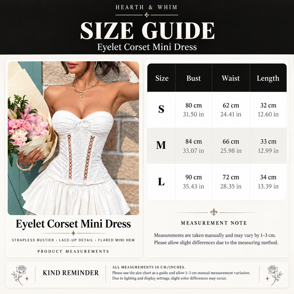 Size chart for Eyelet Corset Mini Dress - Side Lace-Up Bustier
