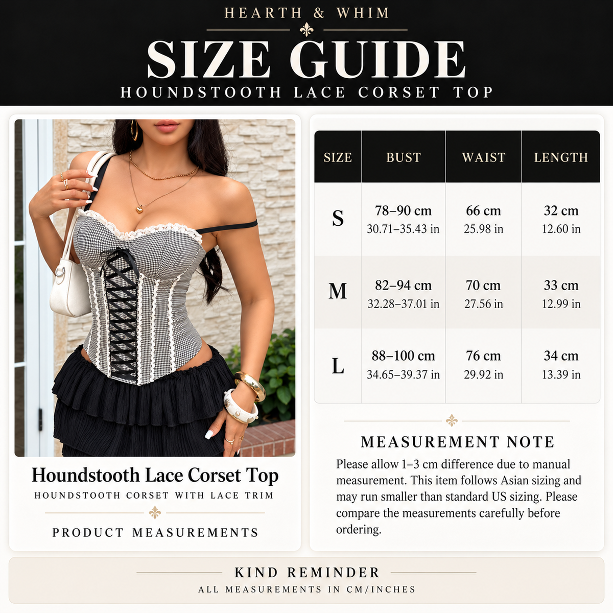 Size chart for Houndstooth Lace-Up Corset Top - Lace - Trim Bustier