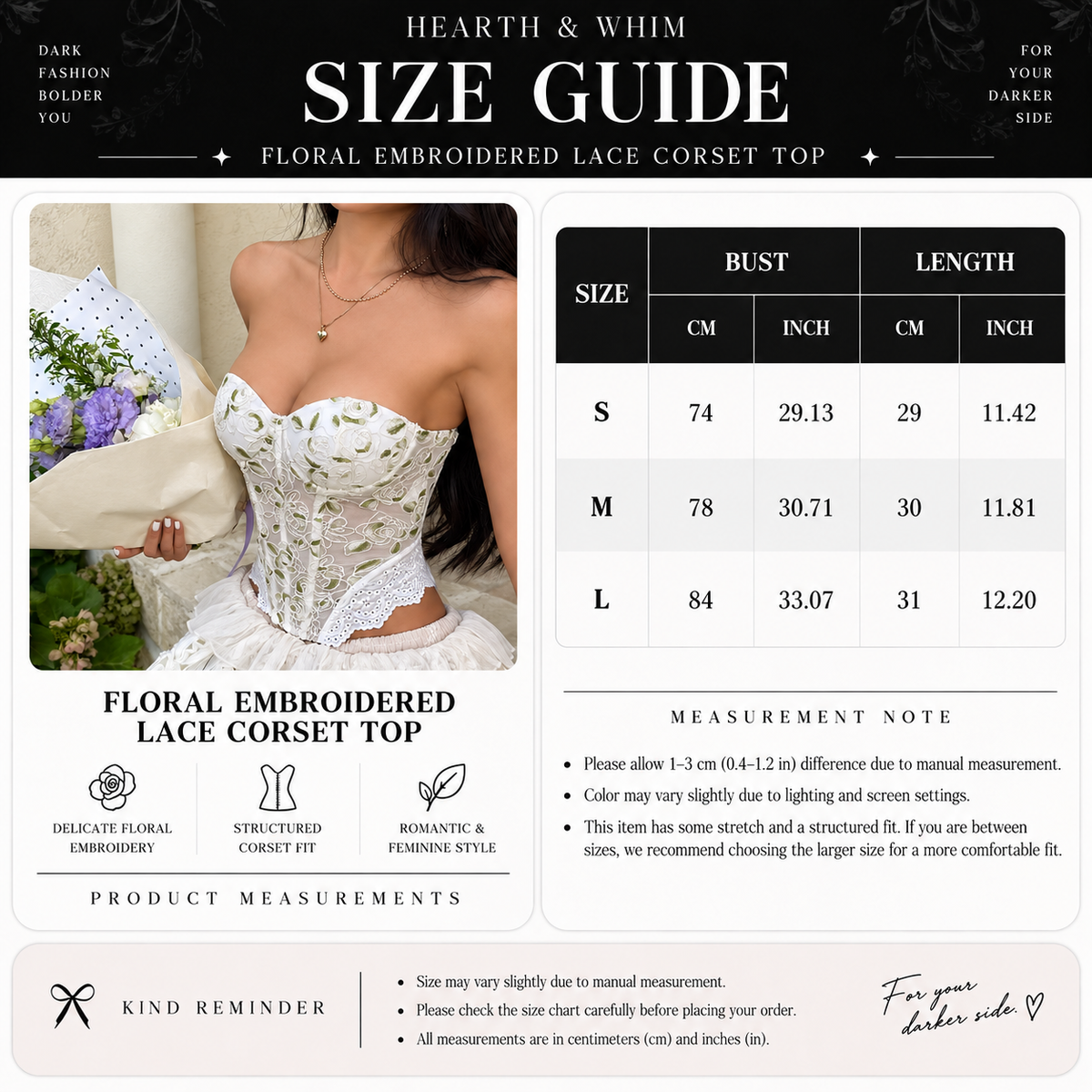 White floral embroidered lace corset top size guide with S, M and L bust and length measurements