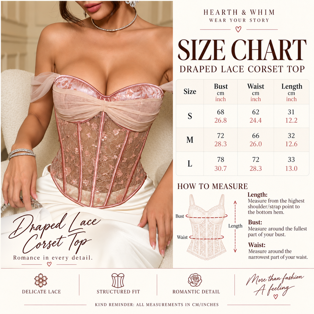 Draped tulle sequin corset top size chart with S M L bust waist and length measurements in cm and inches
