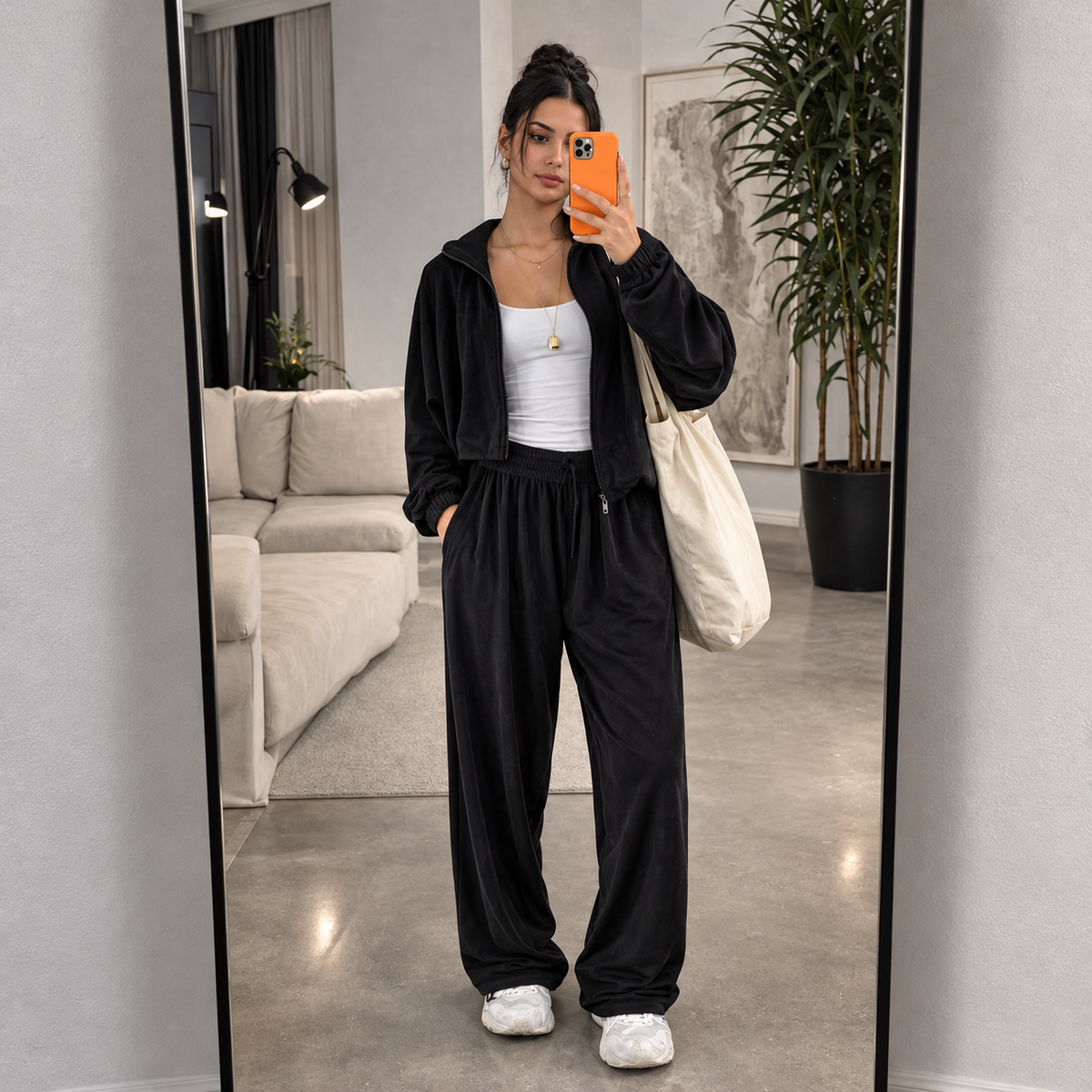 Black velour lounge set with zip-front jacket, relaxed pants, side pockets and white sneakers