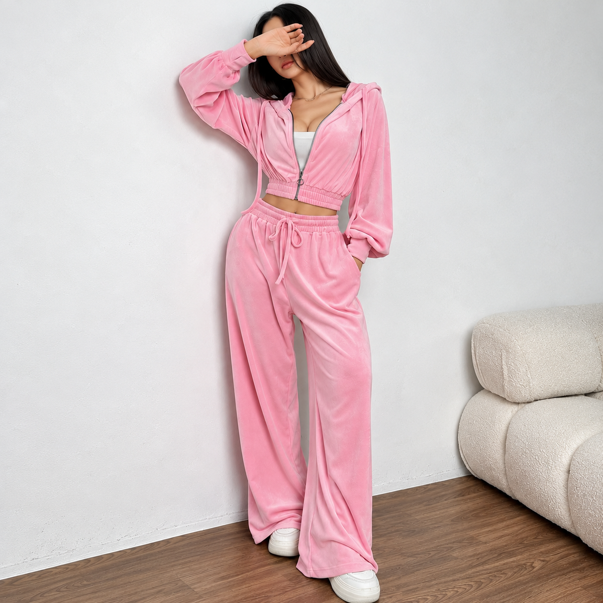 Pink velour tracksuit set with cropped zip hoodie and relaxed wide-leg drawstring pants
