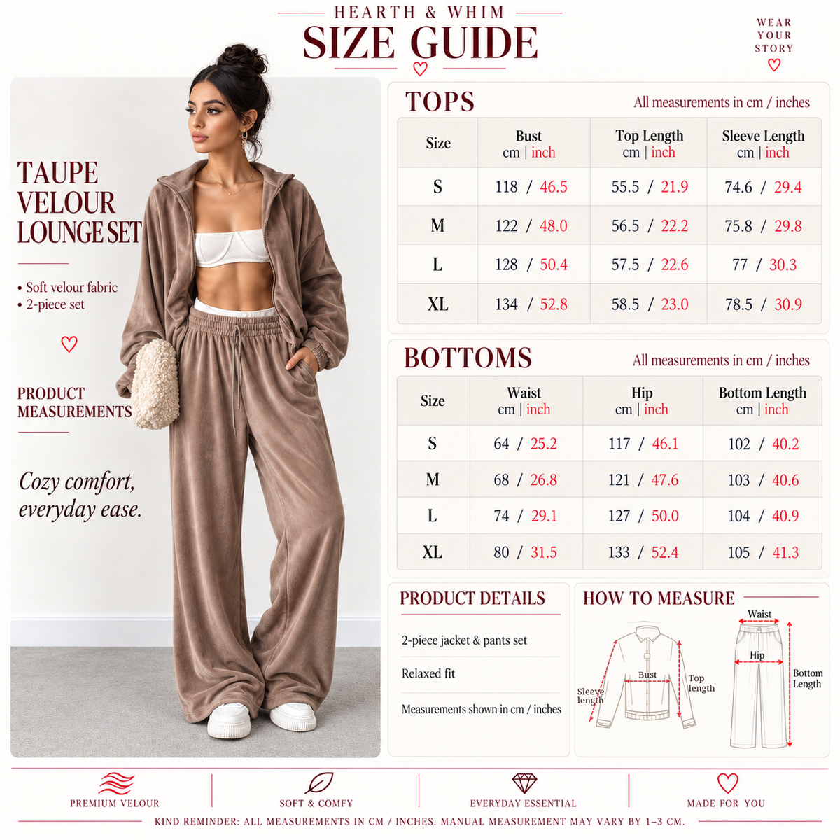 Size Chart: Velour Zip Jacket & Relaxed Pants Lounge Set