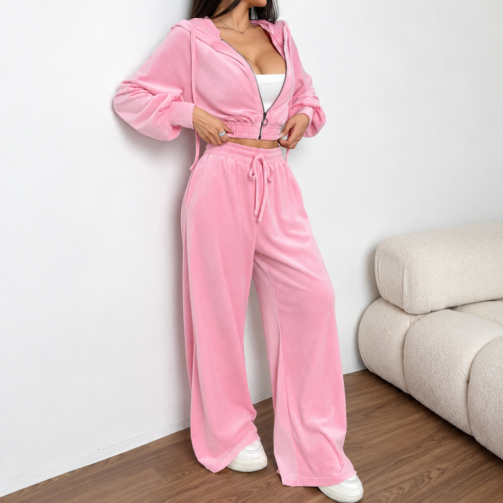 Pink velour cropped hoodie and wide-leg pants set showing zip front, elastic hem and drawstring waistband