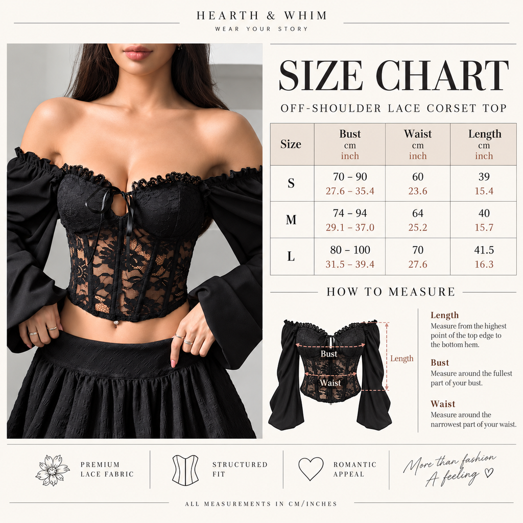 Off-shoulder lace corset top size chart with bust waist and length measurements