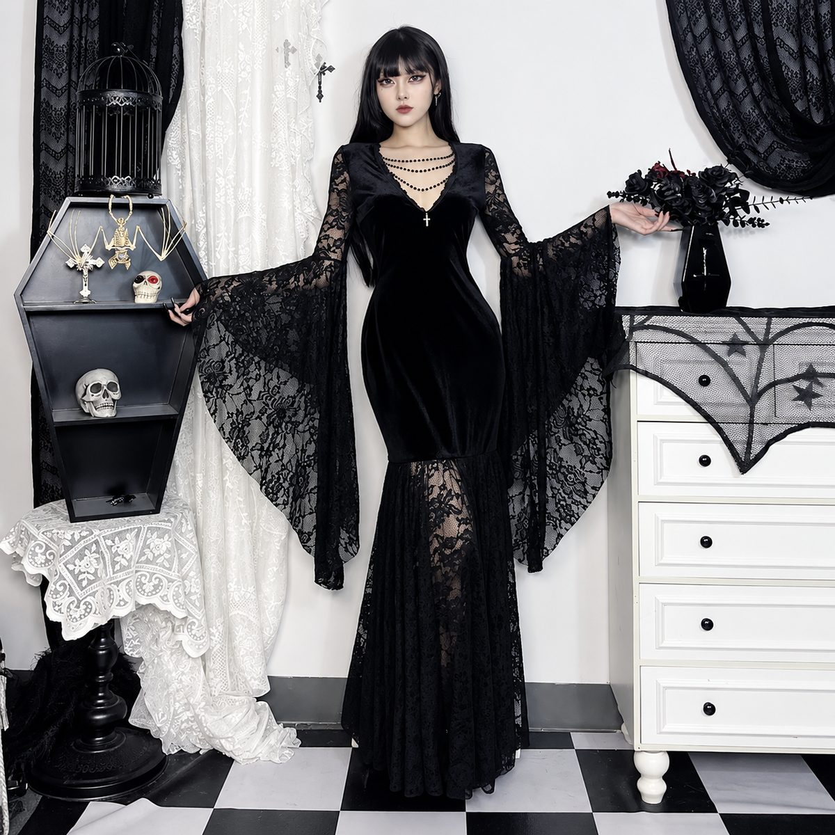 Black gothic velvet maxi dress with sheer floral lace and bell sleeves