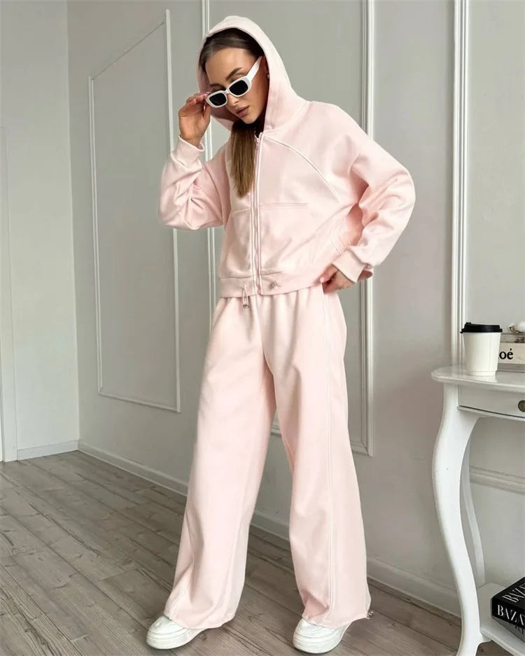 Drawstring-Hem Zip Hoodie & Wide-Leg Pants Set