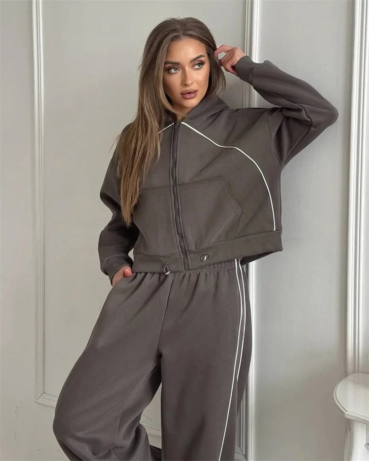 Drawstring-Hem Zip Hoodie & Wide-Leg Pants Set