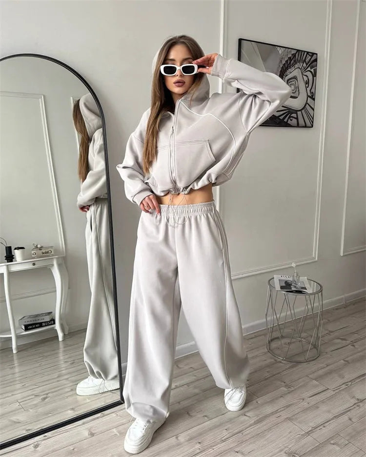 Drawstring-Hem Zip Hoodie & Wide-Leg Pants Set