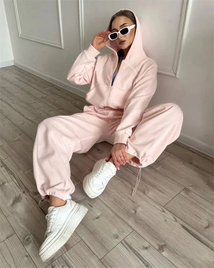 Drawstring-Hem Zip Hoodie & Wide-Leg Pants Set