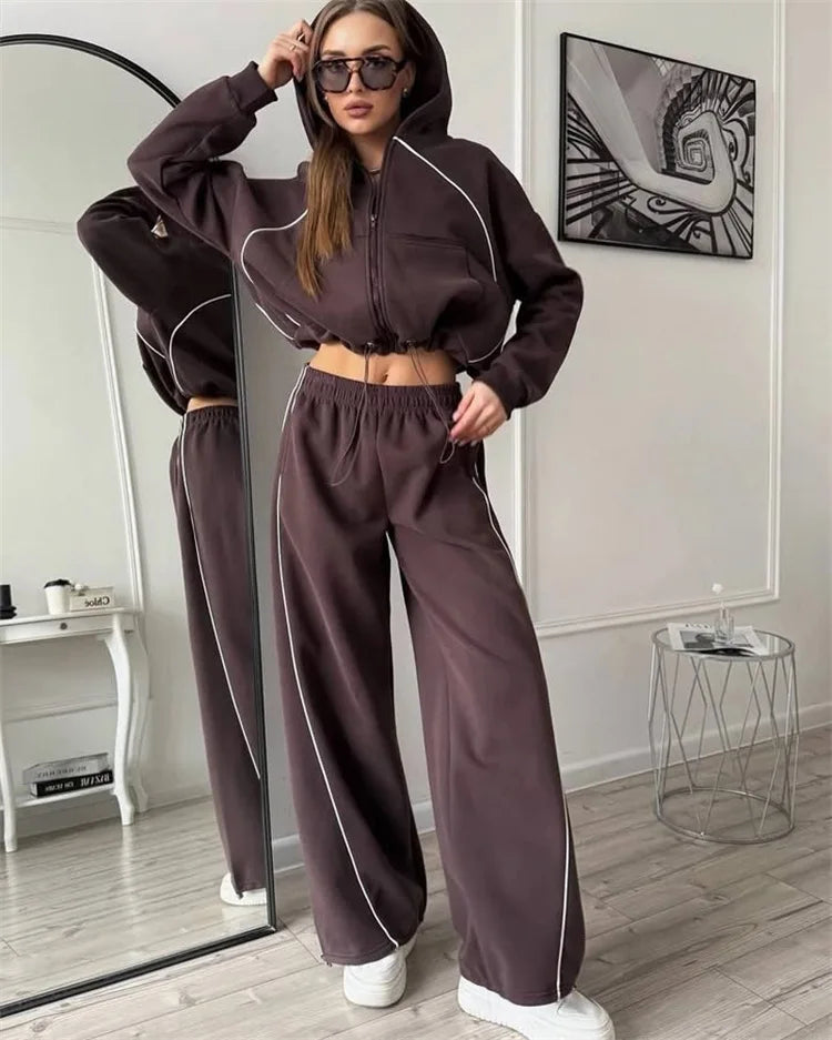 Drawstring-Hem Zip Hoodie & Wide-Leg Pants Set