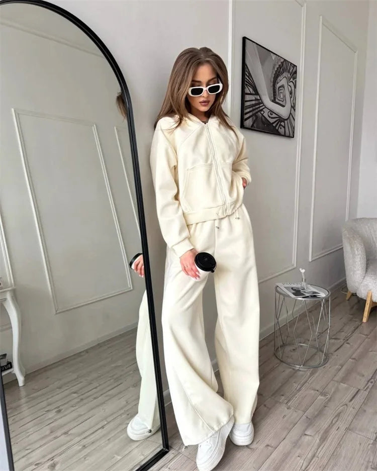 Drawstring-Hem Zip Hoodie & Wide-Leg Pants Set