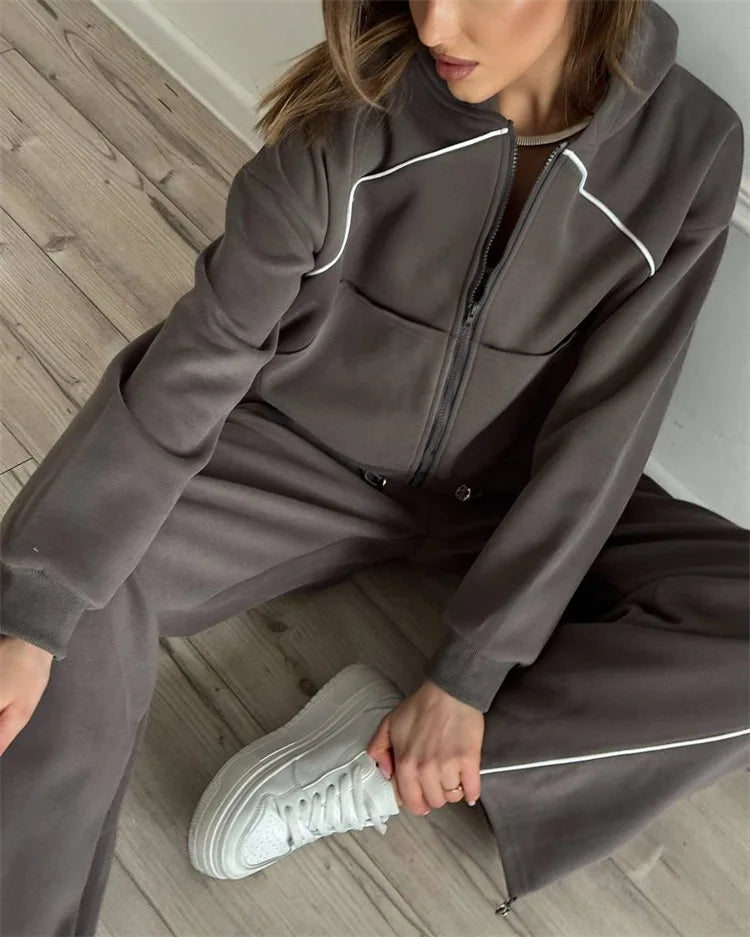 Drawstring-Hem Zip Hoodie & Wide-Leg Pants Set