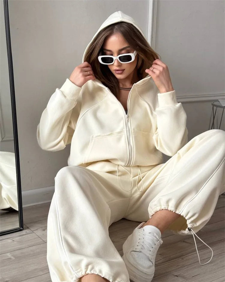 Drawstring-Hem Zip Hoodie & Wide-Leg Pants Set