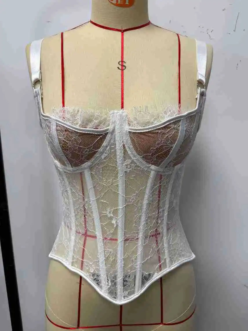 Sheer Lace Corset Top - Longline Lace-Up Bustier