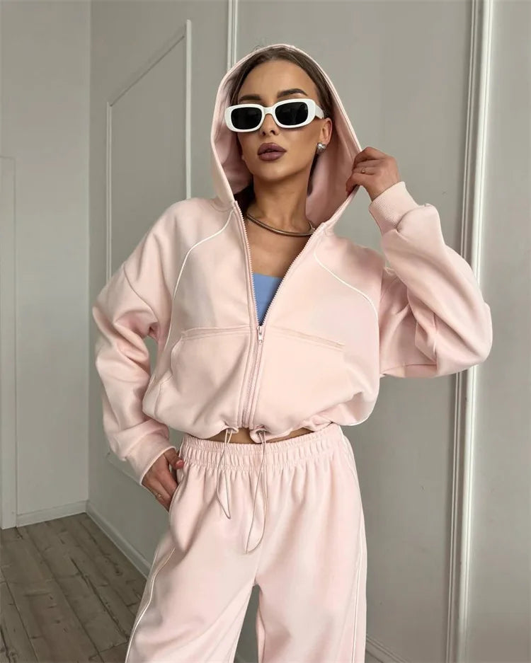 Drawstring-Hem Zip Hoodie & Wide-Leg Pants Set