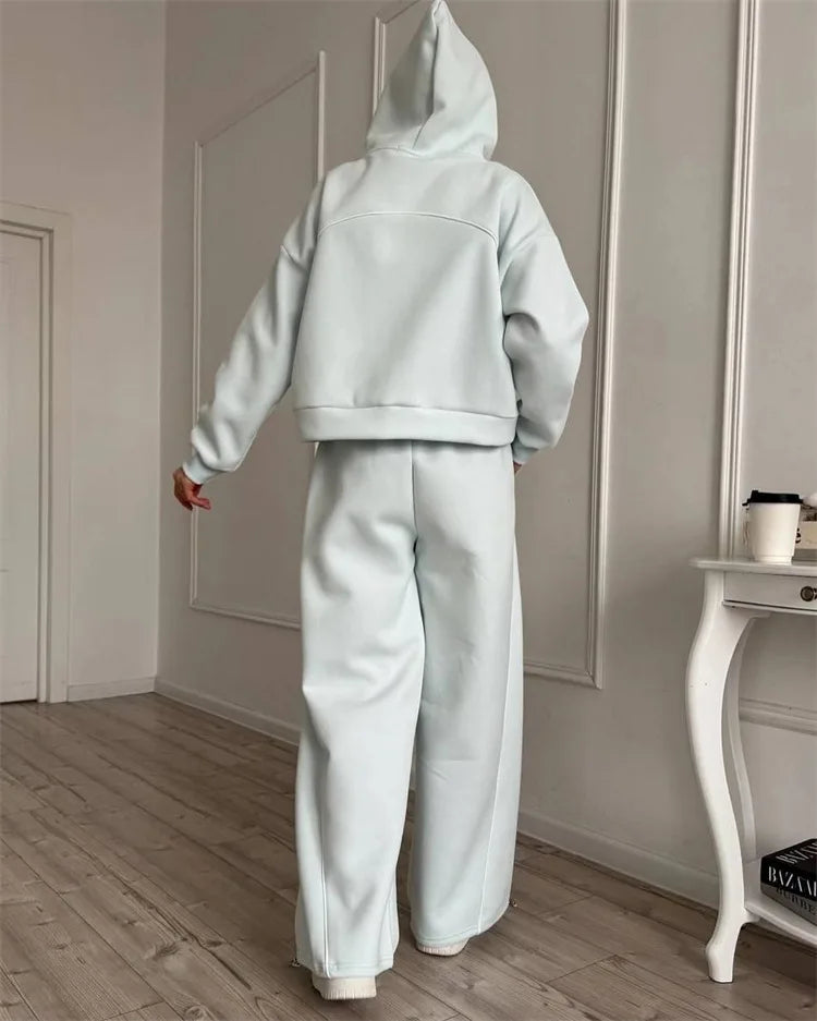 Drawstring-Hem Zip Hoodie & Wide-Leg Pants Set