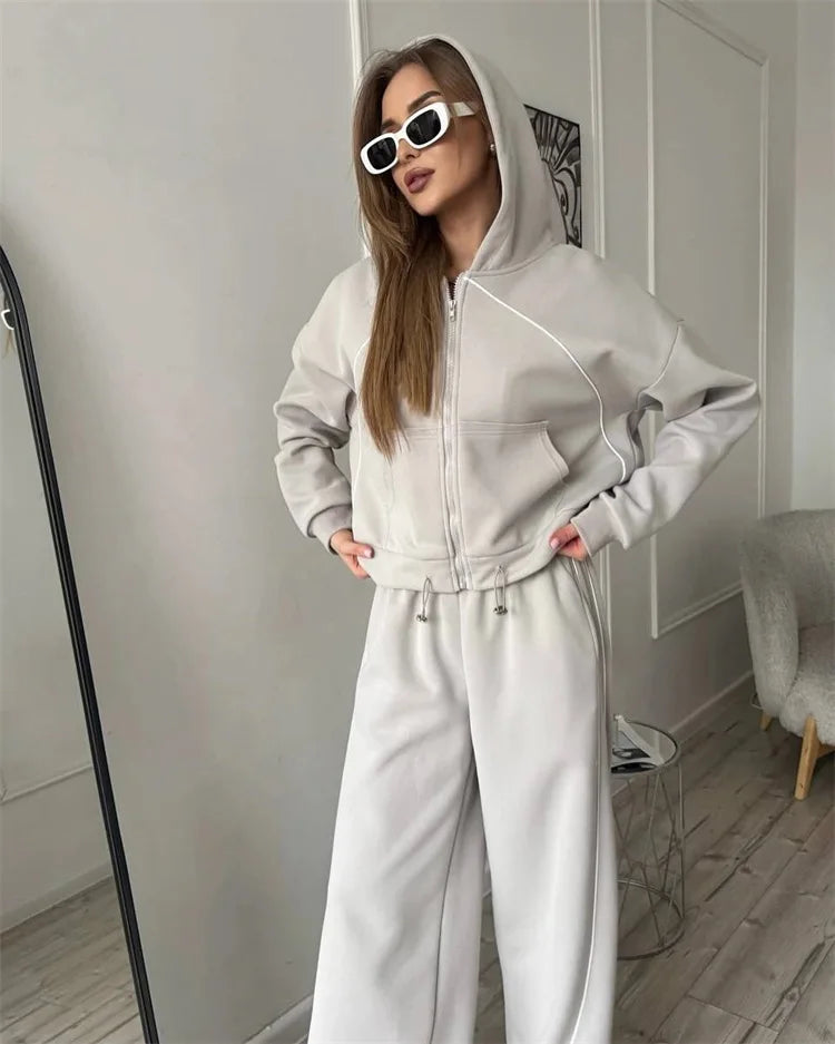 Drawstring-Hem Zip Hoodie & Wide-Leg Pants Set