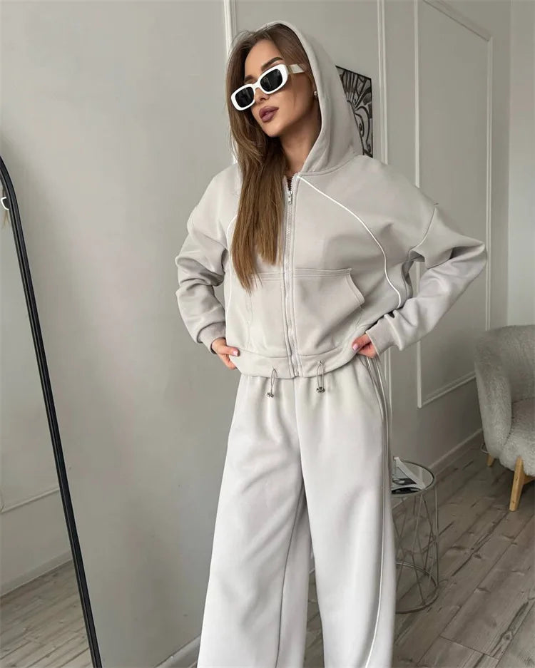 Drawstring-Hem Zip Hoodie & Wide-Leg Pants Set