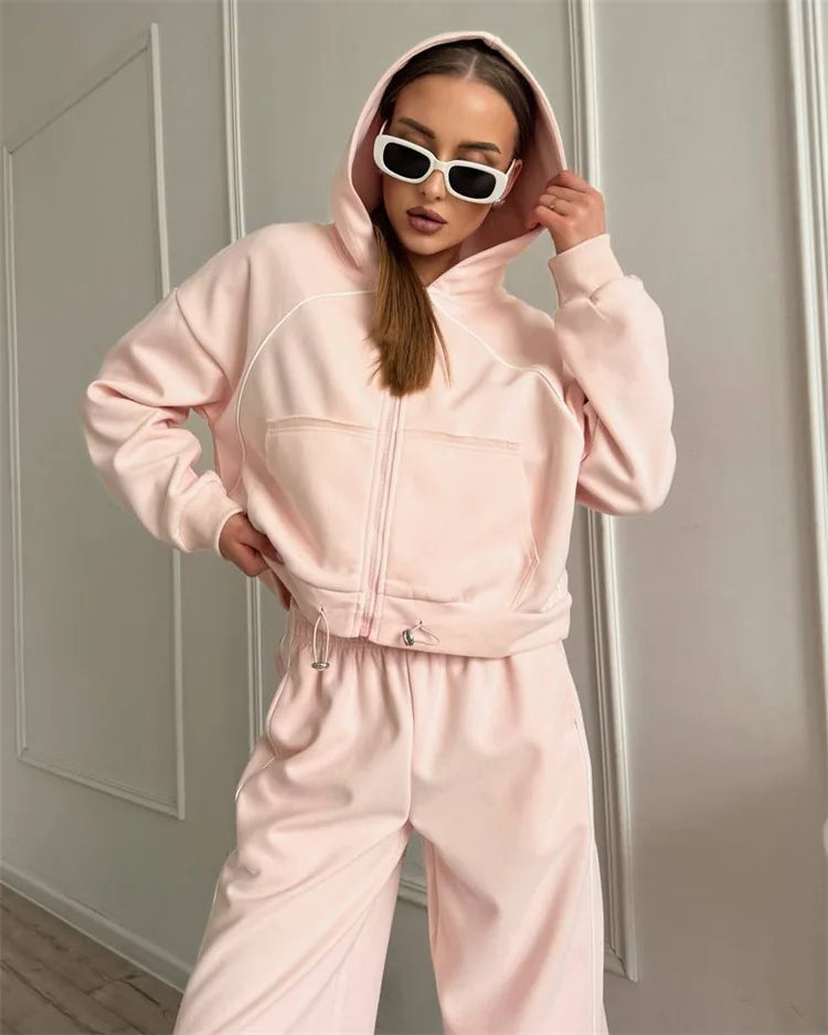Drawstring-Hem Zip Hoodie & Wide-Leg Pants Set