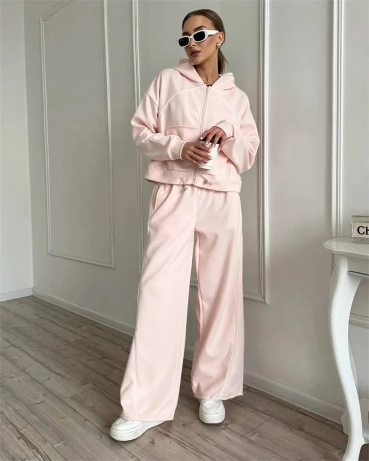Drawstring-Hem Zip Hoodie & Wide-Leg Pants Set