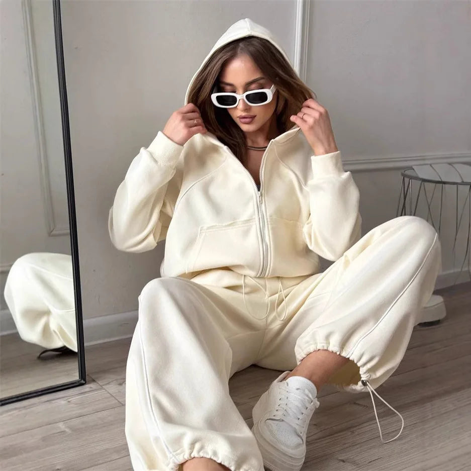Drawstring-Hem Zip Hoodie & Wide-Leg Pants Set
