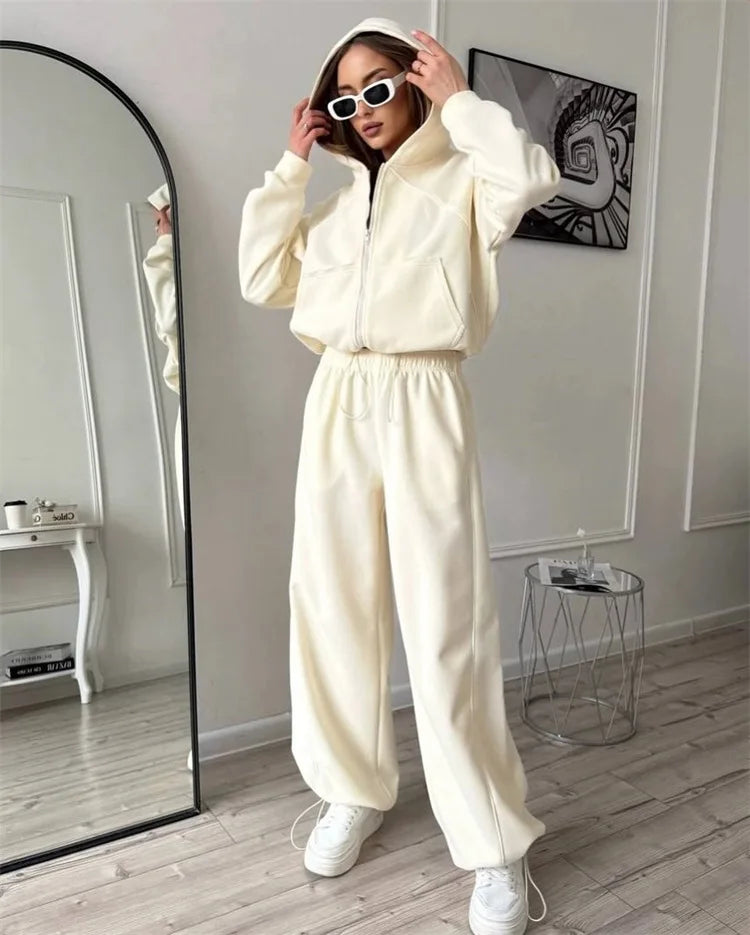 Drawstring-Hem Zip Hoodie & Wide-Leg Pants Set